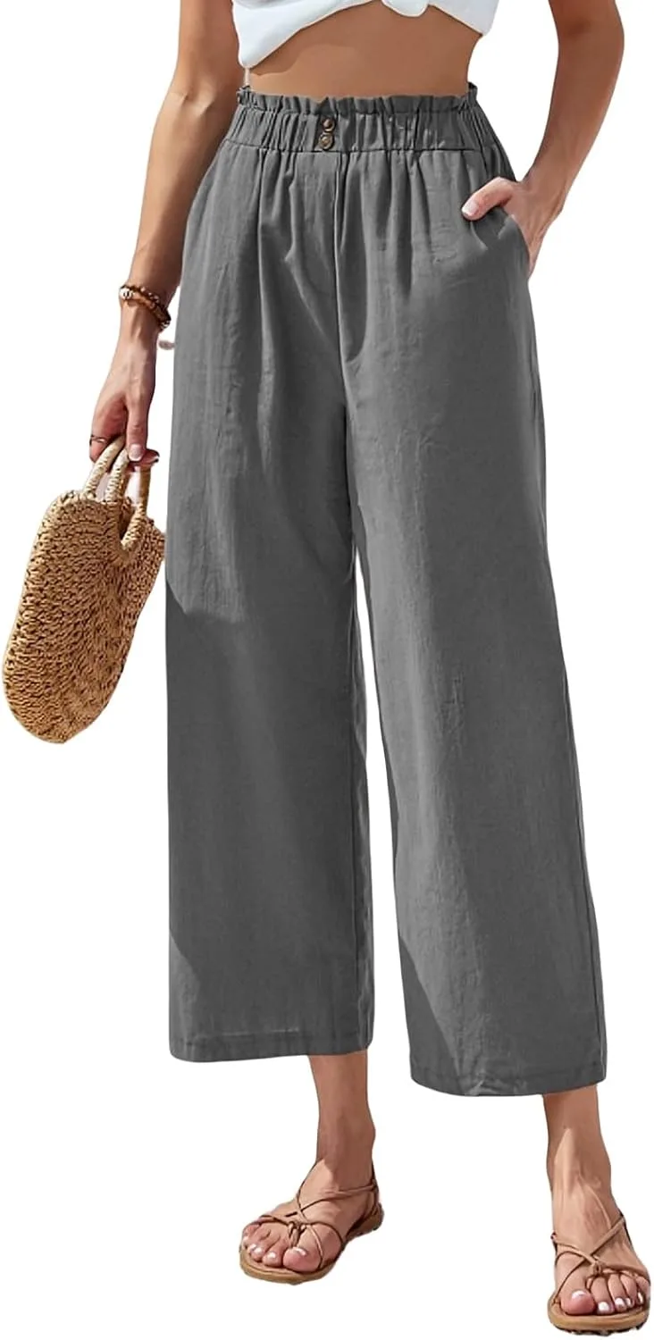 

Льняные брюки для женщин Casual с эластичным поясом и карманами Movnebyro