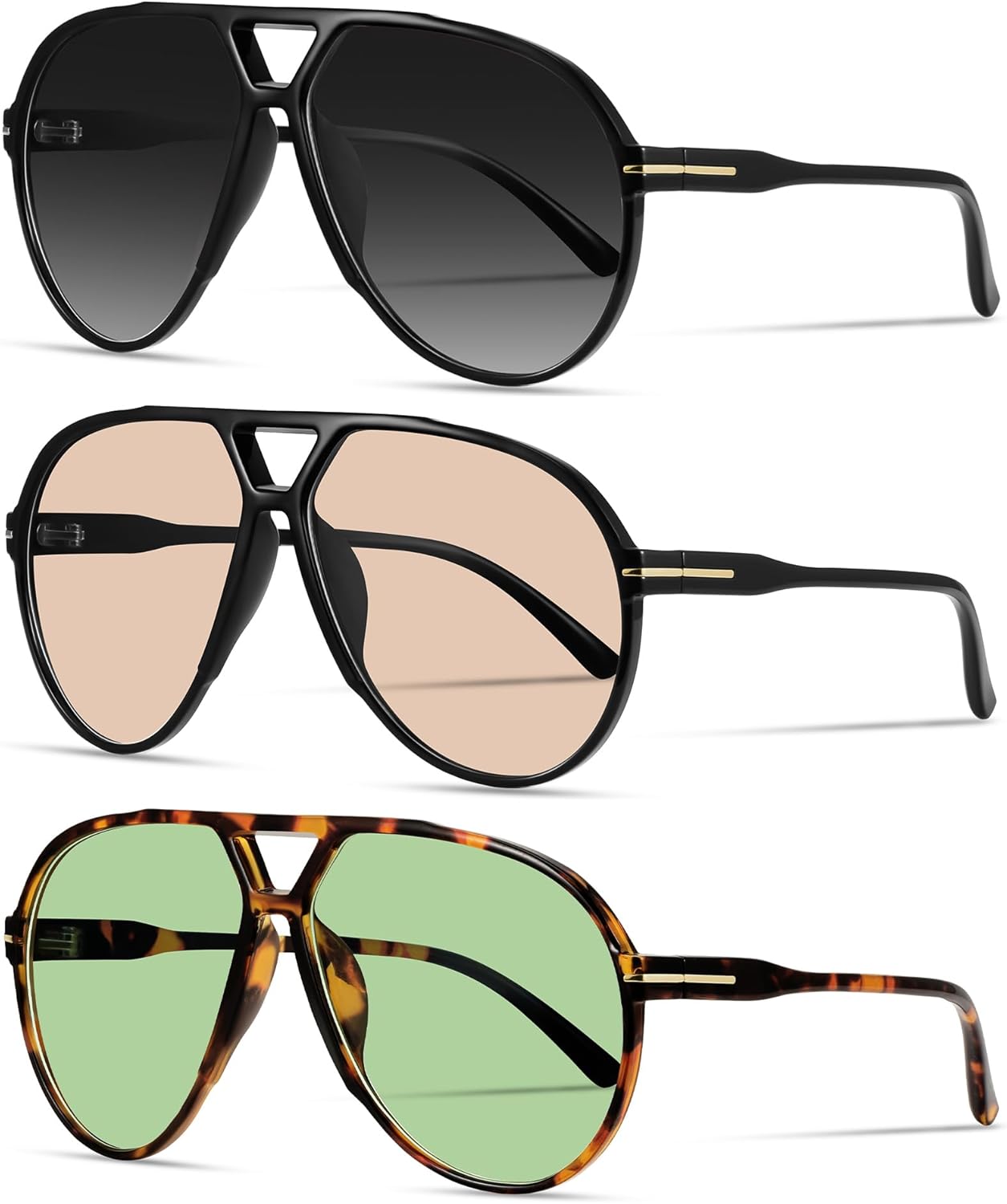 

Большие ретро-солнцезащитные очки-авиаторы для женщин и мужчин. Классический винтажный стиль 70-х. Солнцезащитные очки в крупной оправе YMRFW, 3pack (Black/Gradient Grey+black/Champagne+tortoise/Light Green)