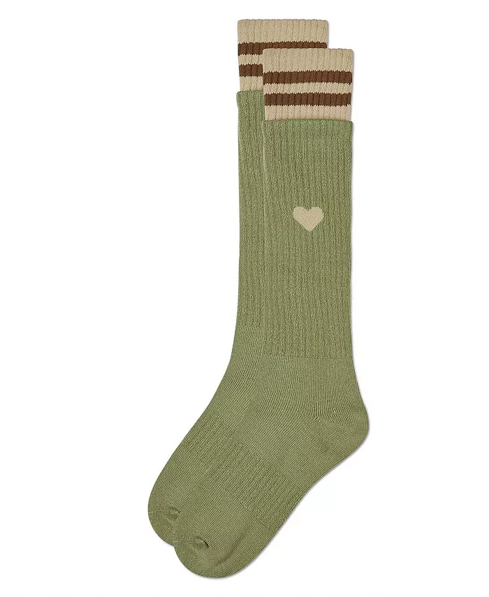 Детские ребристые носки до колена "Heart and Stripes" из хлопкового микса Memoi, зеленый — фото 2