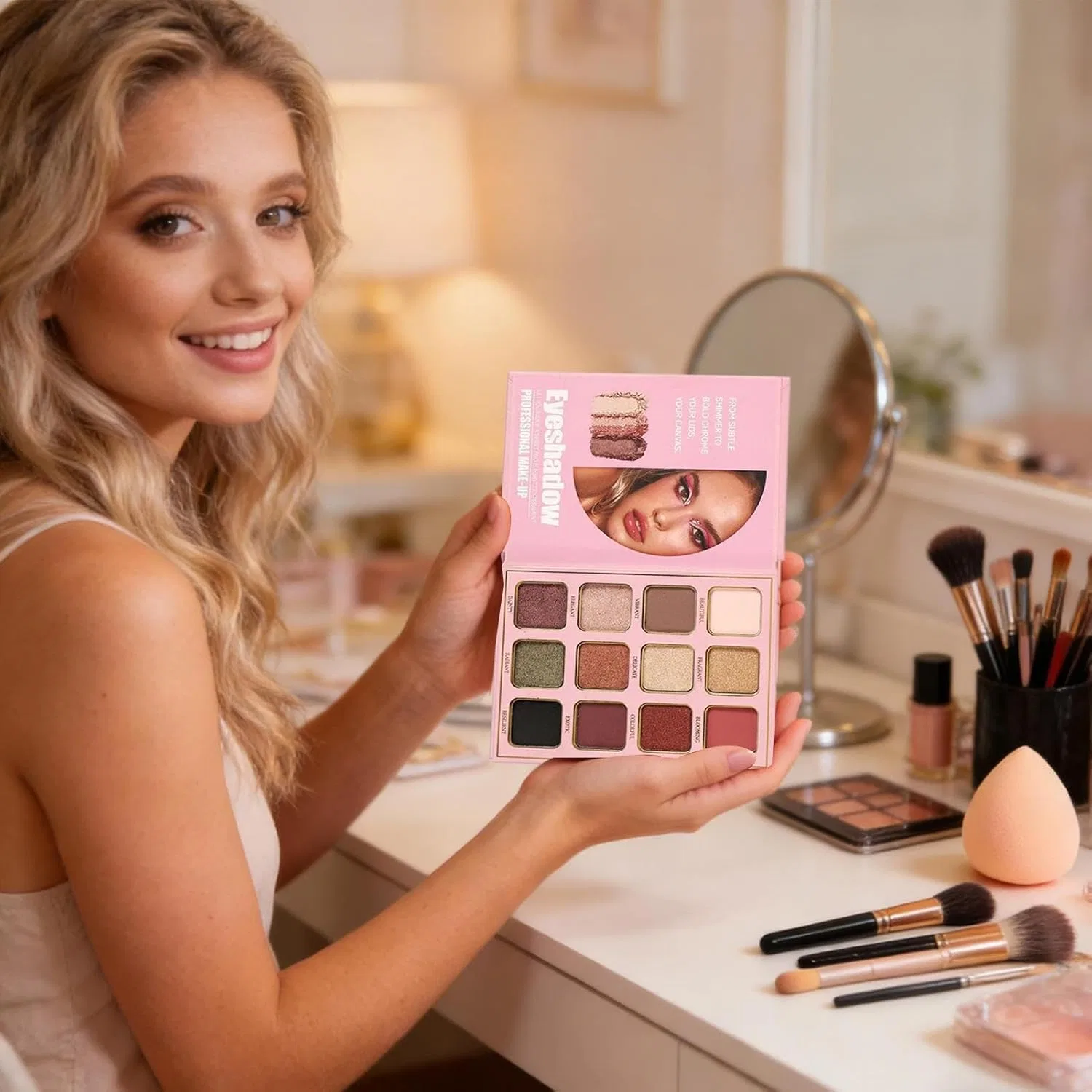 Палетка для макияжа Makeup Book Palette, розовая, 12 теней, 4 хайлайтера и румяна — фото 4