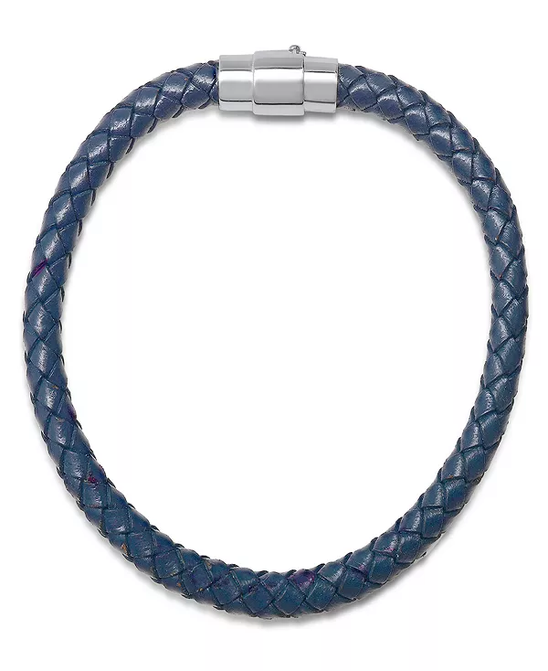 

Мужской плетеный браслет из кожи и серебра 925 пробы с магнитной застежкой. Steeltime, blue