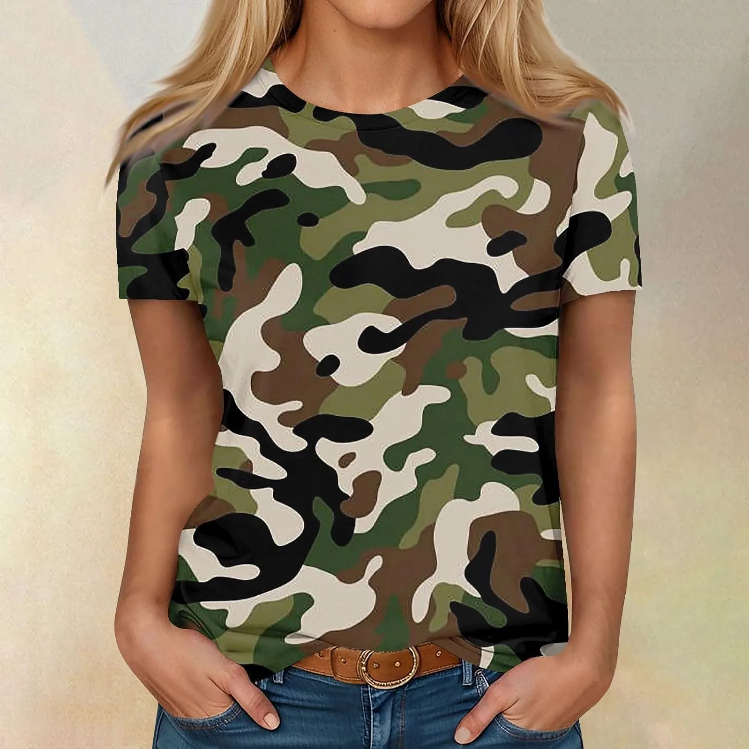 Женская летняя футболка с коротким рукавом и круглым вырезом, Camouflage, S-5XL — фото 2