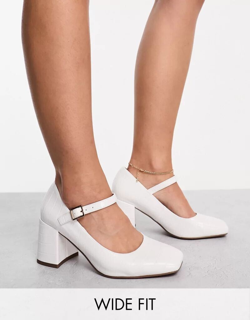 

Белые туфли под крокодила ASOS Wide Fit Selene Mary Jane, средний блочный каблук и широкая посадка