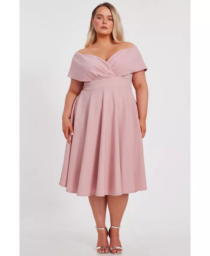 

Платье-миди с запахом и открытыми плечами Plus Size Scuba Crepe Bardot Wrap Midi Skater Dress QUIZ, розовый
