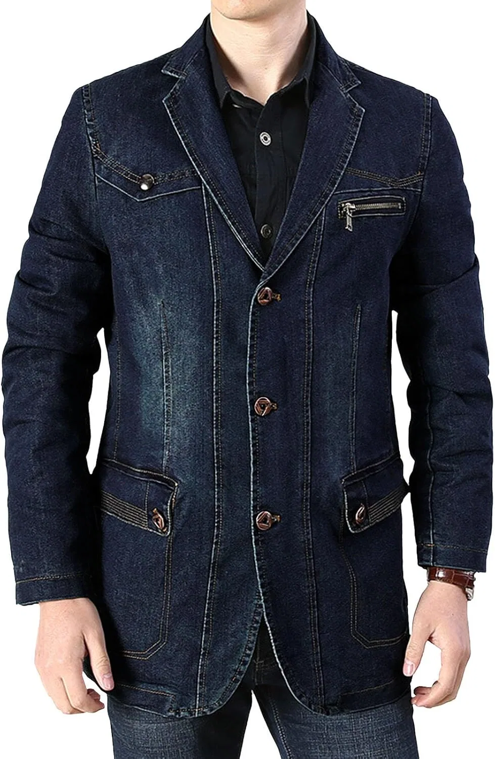 Мужская джинсовая куртка с тремя пуговицами Slim Fit лацкан блейзер спортивный пиджак винтаж джинсовый костюм Generic, темно-синий — фото 2