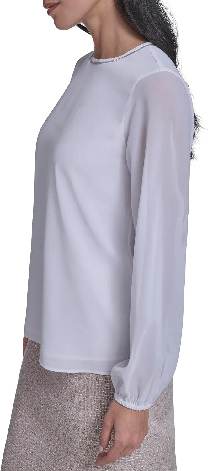 Блуза с длинным рукавом Long Sleeve Neck Trim Blouse, Calvin Klein, белый — фото 3