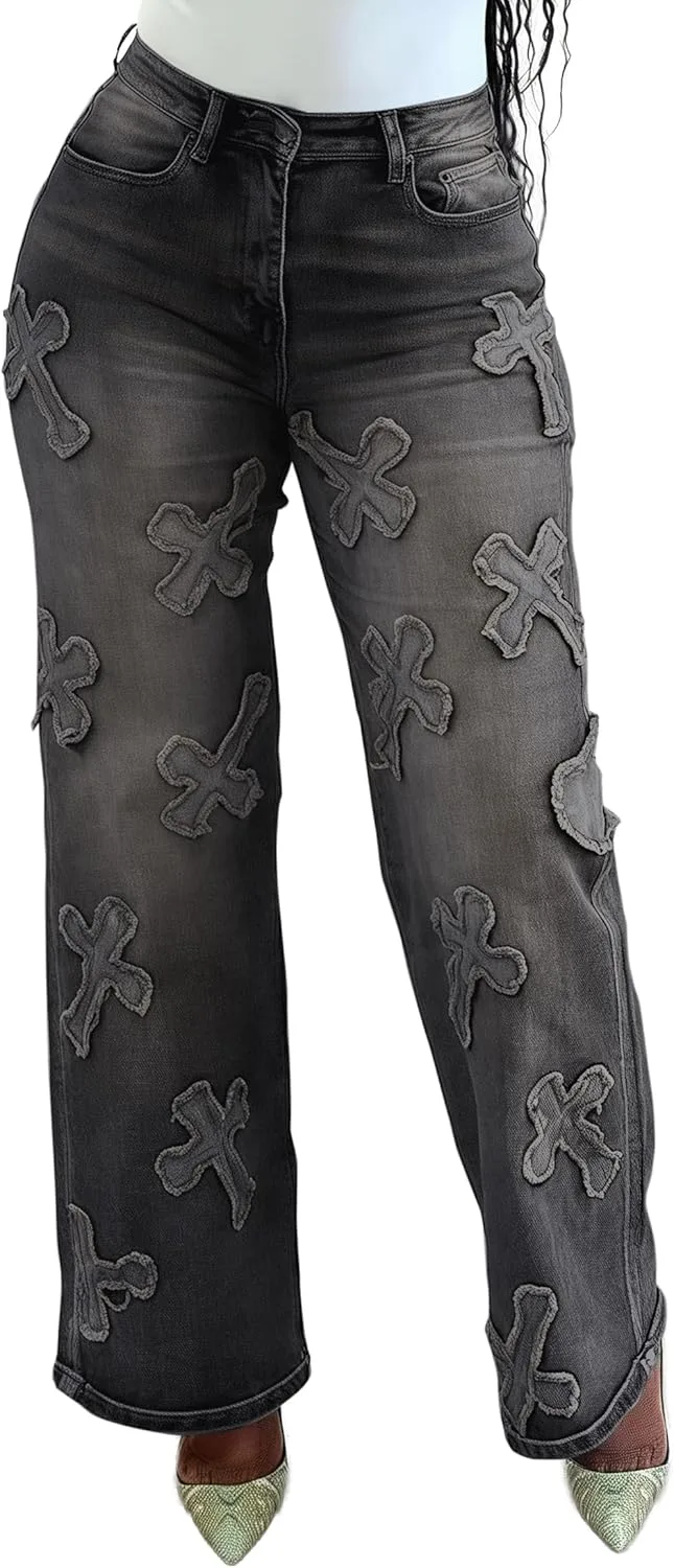 

PerZeal женские джинсы с широкими штанинами, завышенной талией и вышивкой