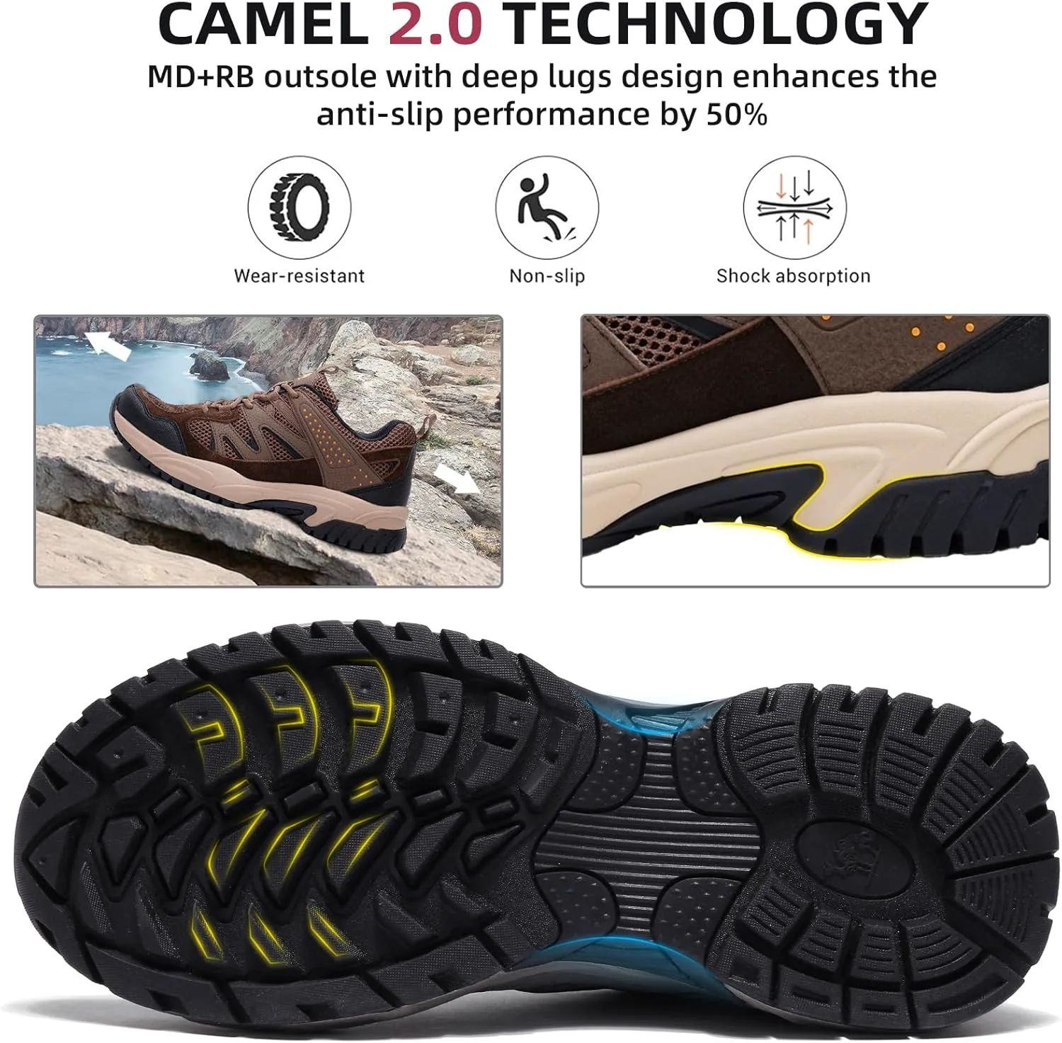 Мужские походные кроссовки CAMELSPORTS, легкие, с противоскользящей подошвой, дышащие, низкие, для прогулок на открытом воздухе, трекинга, пеших походов и скалолазания, коричневый — фото 3