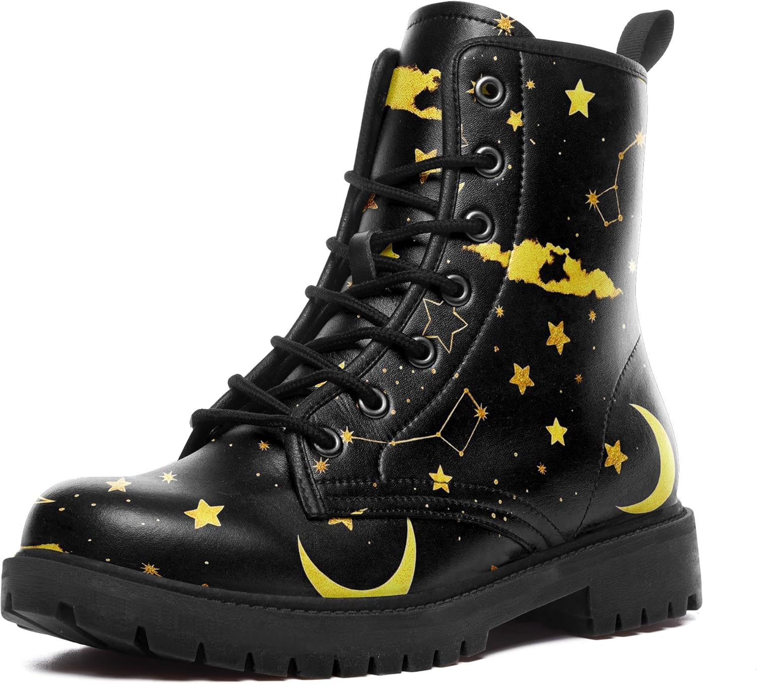 

Женские модные боевые ботинки, мужские ботинки с узором звездного неба, модные водонепроницаемые ботильоны на шнуровке с солнцем, луной и звездами Awsole, черный/желтый