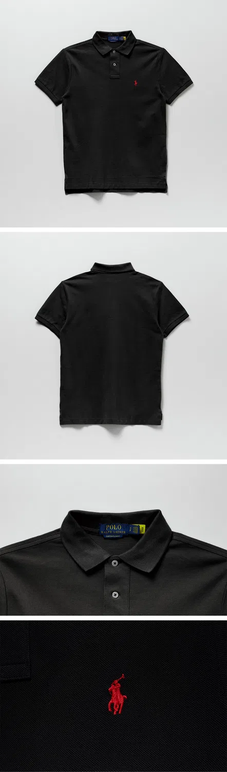 Мужская футболка-поло Polo Ralph Lauren Custom Slim Fit, чёрная — фото 3