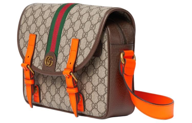 Gucci Сумка Ophidia из канваса с кожаной отделкой, наплечная сумка, сумка через плечо, мужская, бежевого, черного и оранжевого цвета — фото 2