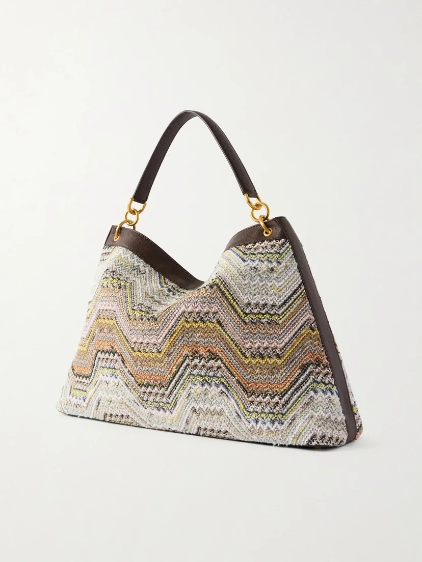 Плетеная сумка через плечо со стразами в полоску и кожаной отделкой Missoni, бежевый — фото 4
