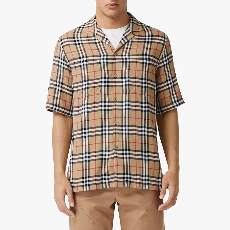 Рубашка Burberry мужская однобортная с коротким рукавом в клетку, бежевая — фото 4
