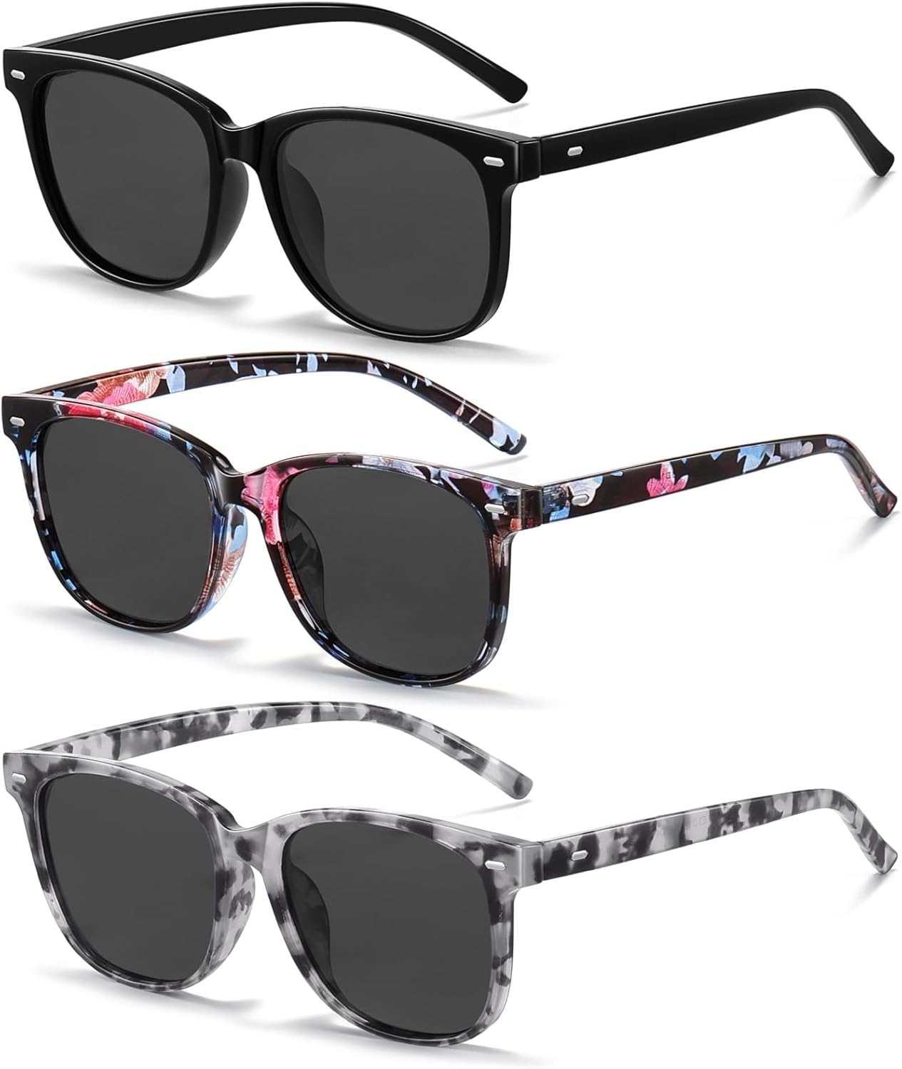 

Солнцезащитные очки Wzerry для женщин, поляризованные, в винтажном стиле, с круглыми линзами, защищающими от УФ-излучения UV400, Black/Grey + Flower/Grey + White Tortoise/Grey