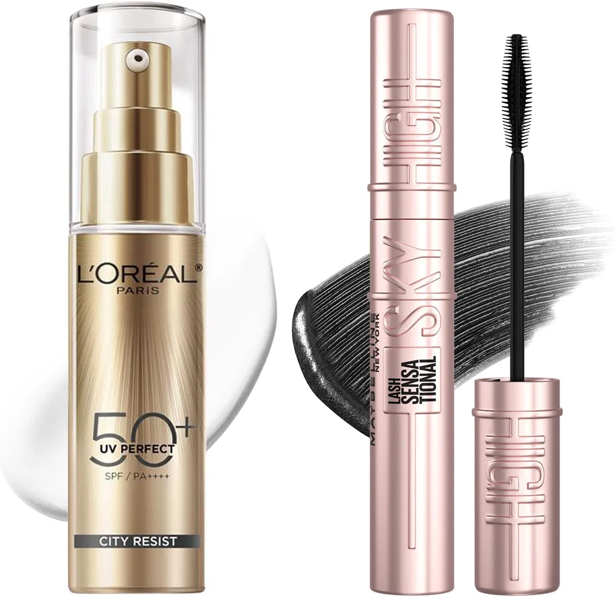 Набор тушь для ресниц Maybelline Skyhigh Waterproof 01 Black + солнцезащитная сыворотка L'Oreal UV Perfect 30 мл SPF50+