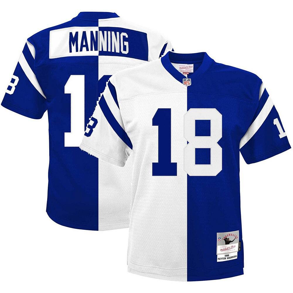 

Мужская футболка Mitchell & Ness Peyton Manning Royal/White Indianapolis Colts 1998 Split Legacy Replica Jersey, цвет Clt Blue