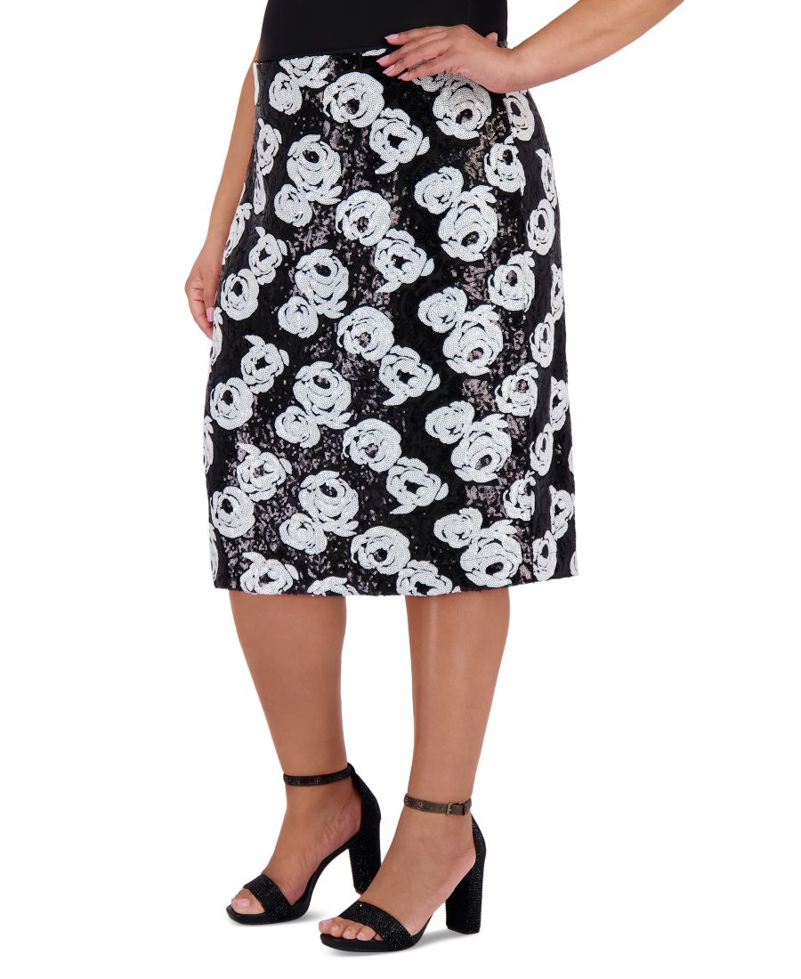 

Юбка-карандаш большого размера с пайетками и цветочным принтом Muse, Black/White