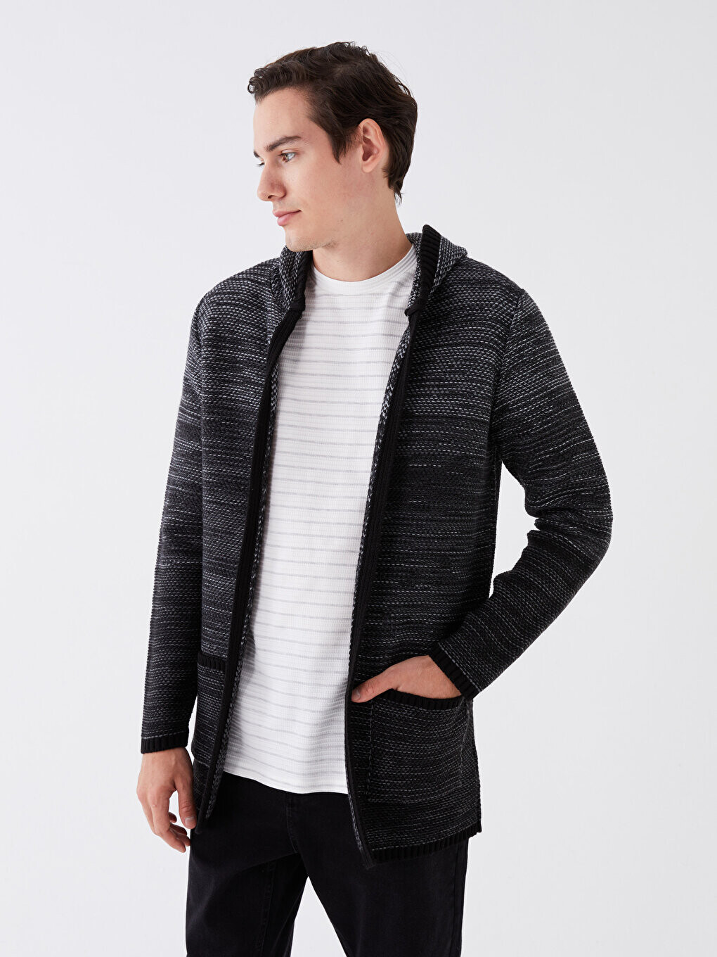 

Мужской трикотажный кардиган с капюшоном и длинными рукавами LCW Casual, новый черный