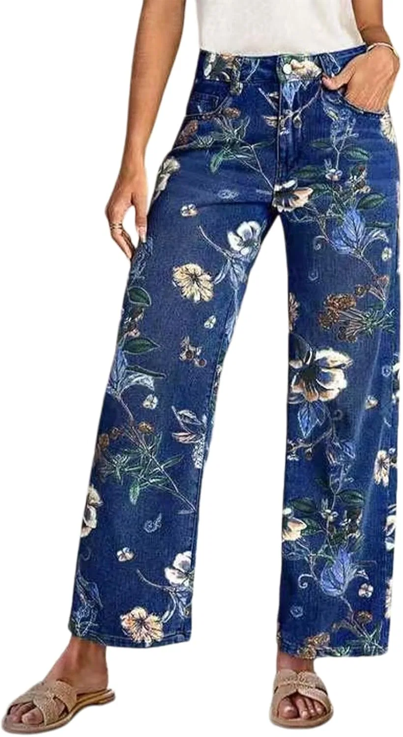 Джинсы с цветочным принтом, Oversized, Dark Blue