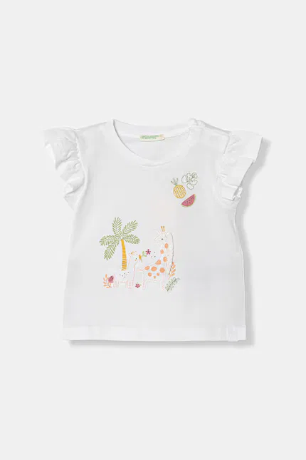 Футболка с коротким рукавом батистовые рукава растительно-животный принт United Colors of Benetton, белый