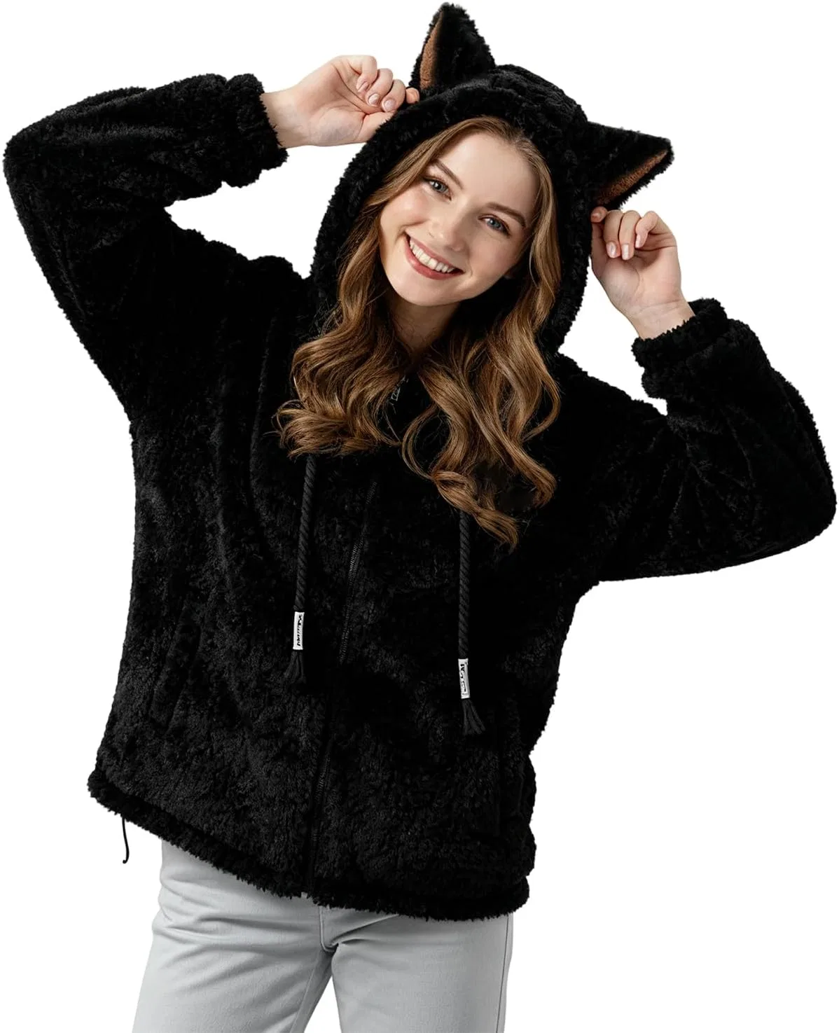 Худи с капюшоном, кошачьи ушки, Fuzzy Sweatshirt Sherpa Hoodie, Black