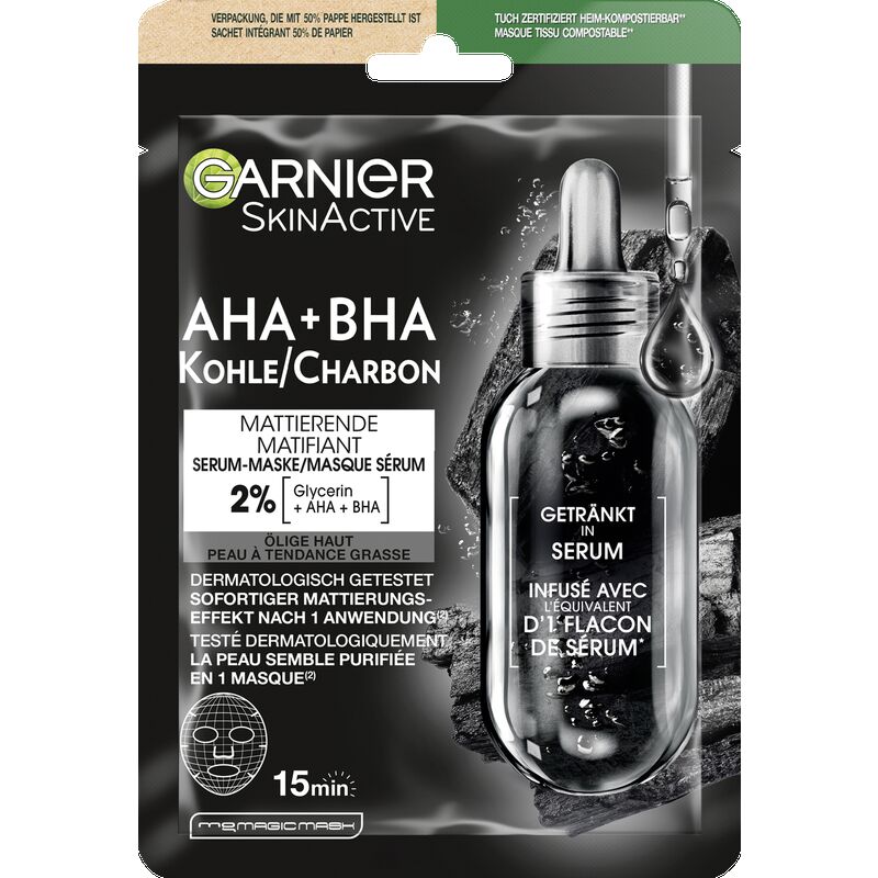 

Матирующая тканевая маска-сыворотка с активированным углем AHA + BHA Garnier, 1 шт.