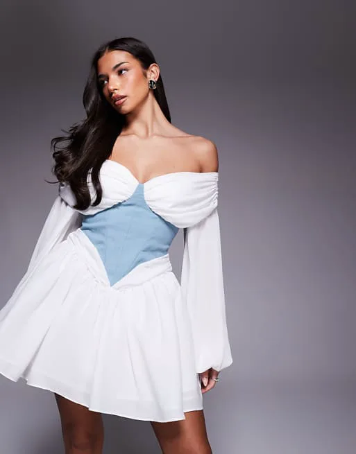 

Синее платье мини с открытыми плечами и корсетом на талии ASOS LUXE
