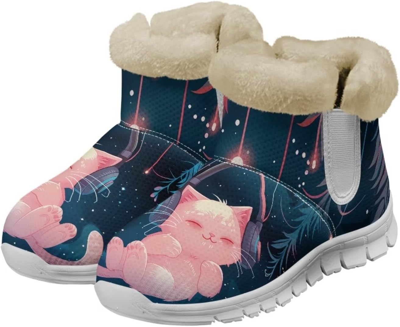 

Унисекс зимние снежные ботинки JoyLamoria, эластичные ботильоны до щиколотки, уличные, легко надеваются, удобные пушистые ботинки, Cat Floral