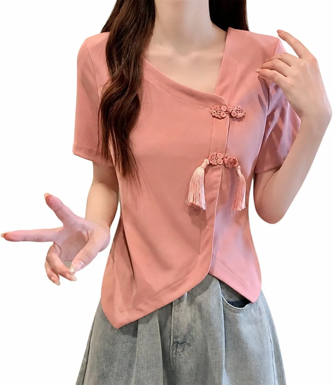 Блуза с китайским воротником, V-образным вырезом, асимметричным подолом, Pink