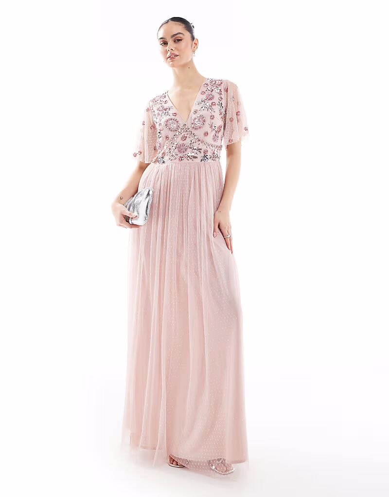 

Платье макси для подружек невесты Floral с сетчатым узором в горошек нежно-розового цвета Maya