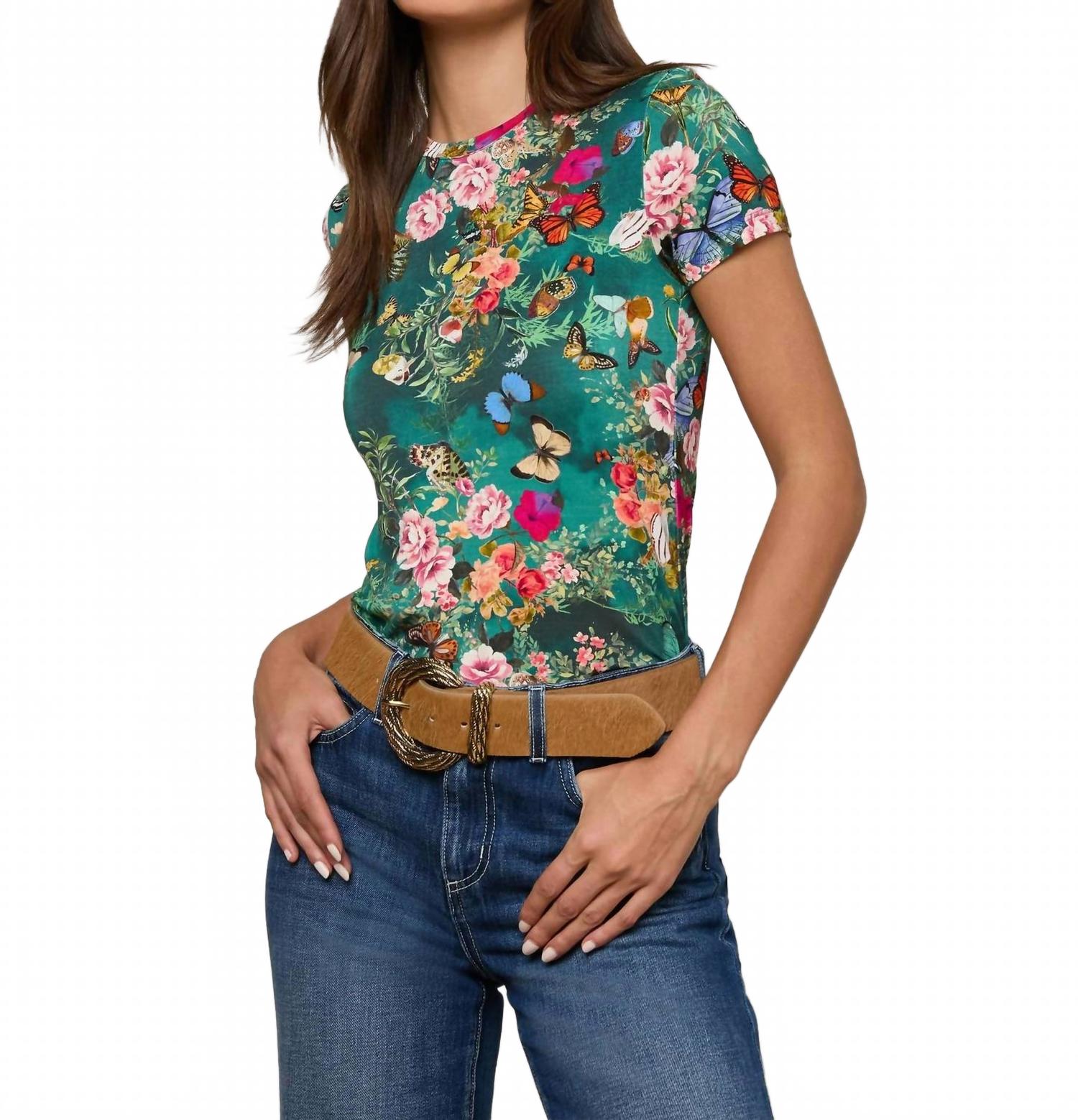 

Футболка Ressi Fitted Tee бутылочно-зеленого цвета с принтом «бабочка Charonda» L'Agence, Bottle Green Multi Charonda Butterfly