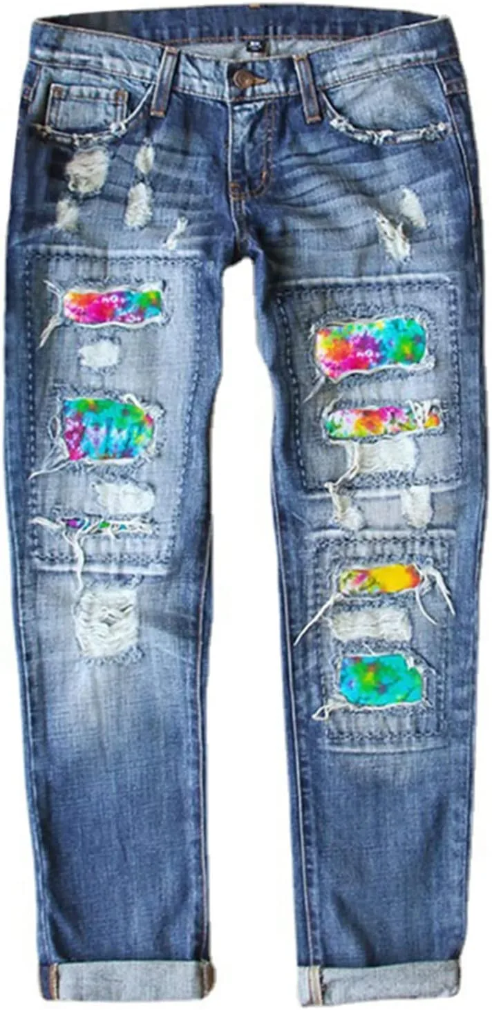 

Джинсы Boyfriend с потертостями и нашивкой Rainbow TACSTRUN