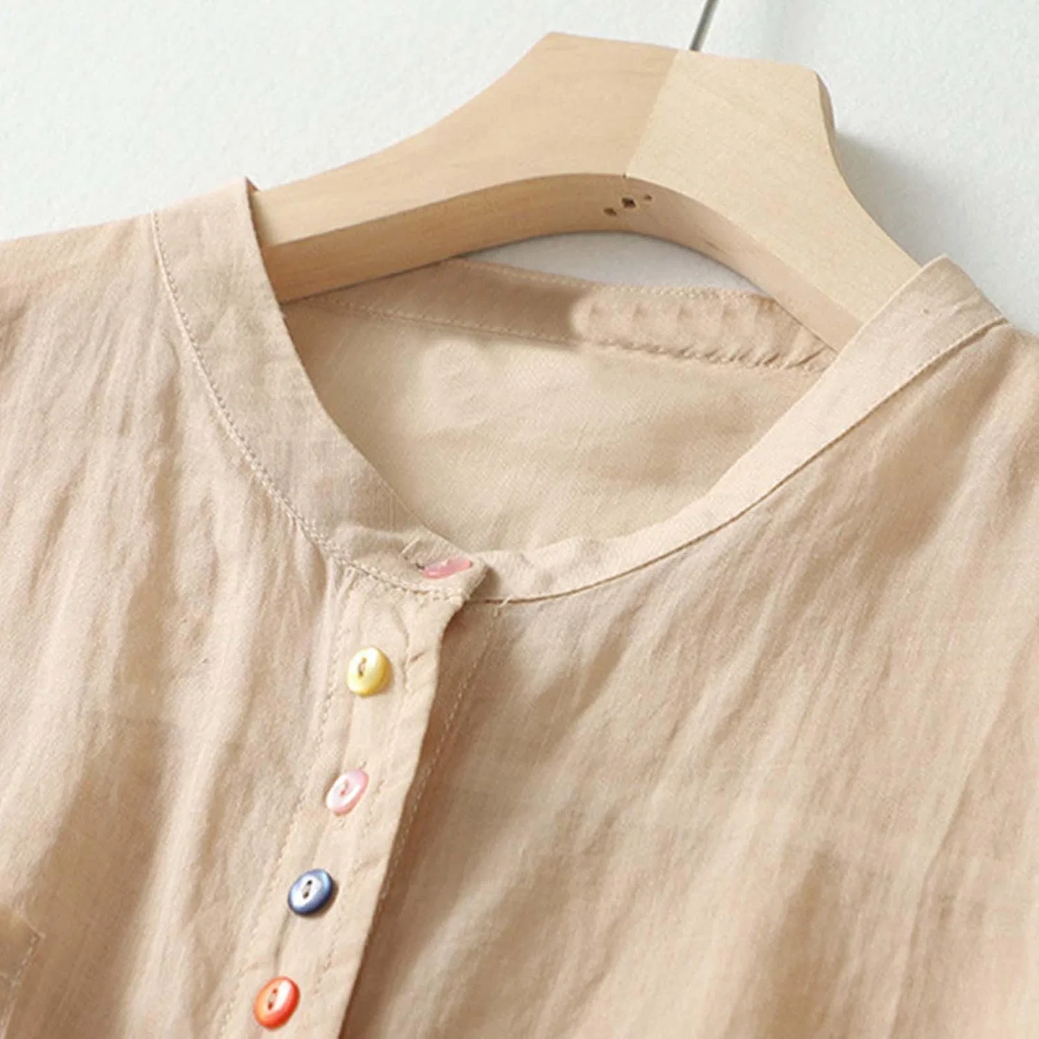 Блуза женская, свободная, с круглым воротником, длинным рукавом, beige — фото 3