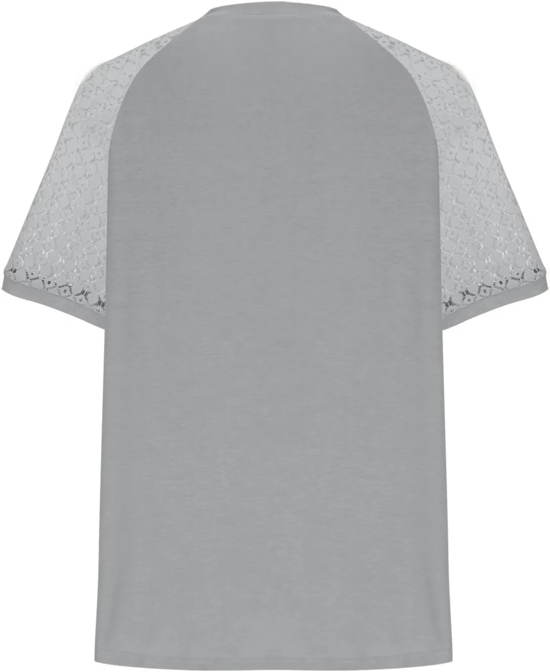 Футболка женская с круглым вырезом и кружевными рукавами, Oversized, свободного кроя, серого цвета — фото 2