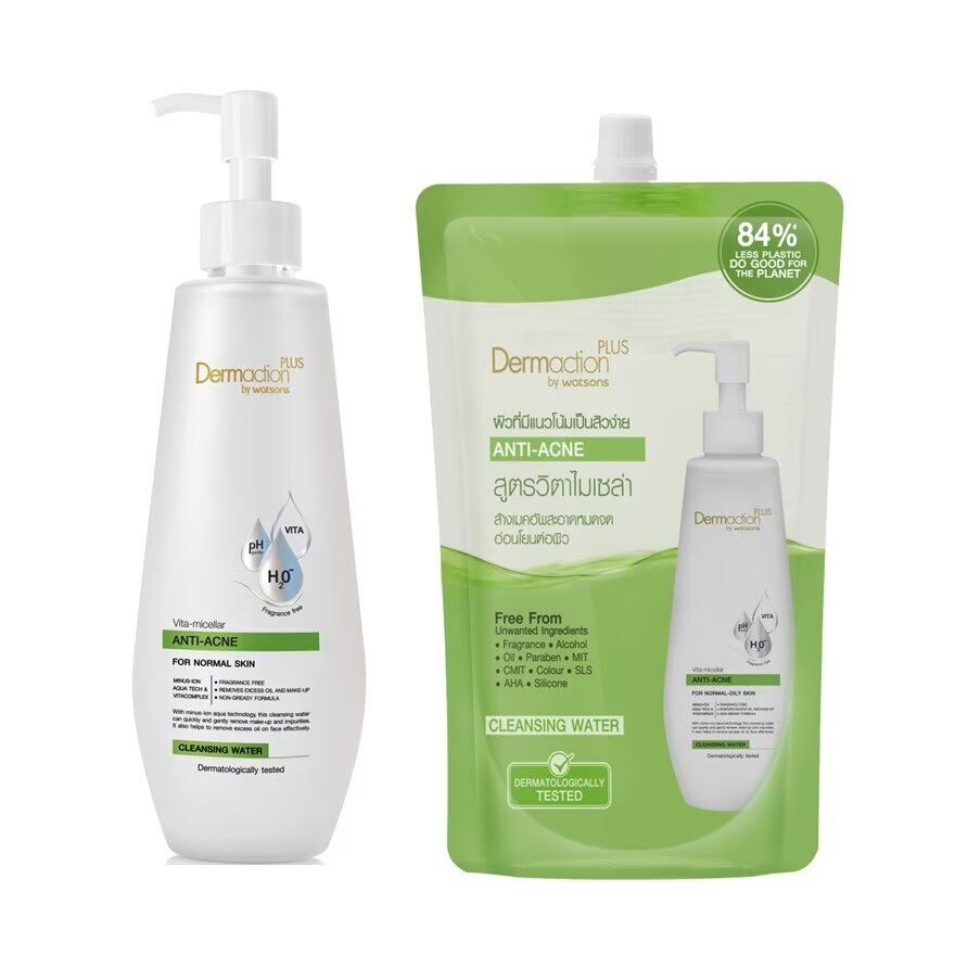 

Dermaction Plus by Watsons Dermaction Plus By Watsons Vita-Мицеллярная очищающая вода против прыщей 250 мл+500 мл (сменный блок), White