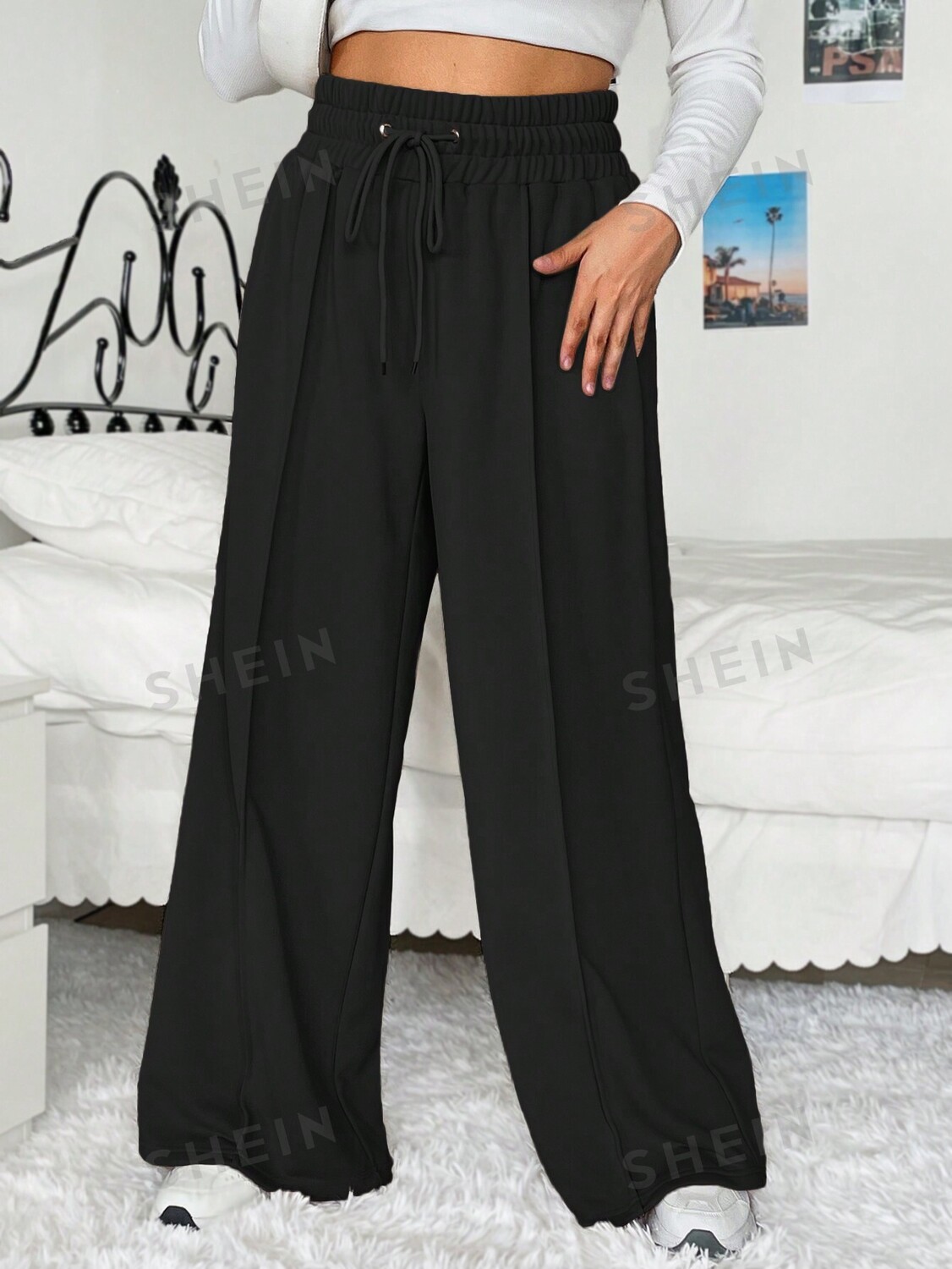 

EZwear Plus Широкие спортивные штаны с завязками на талии Костюмные брюки Shein, черный