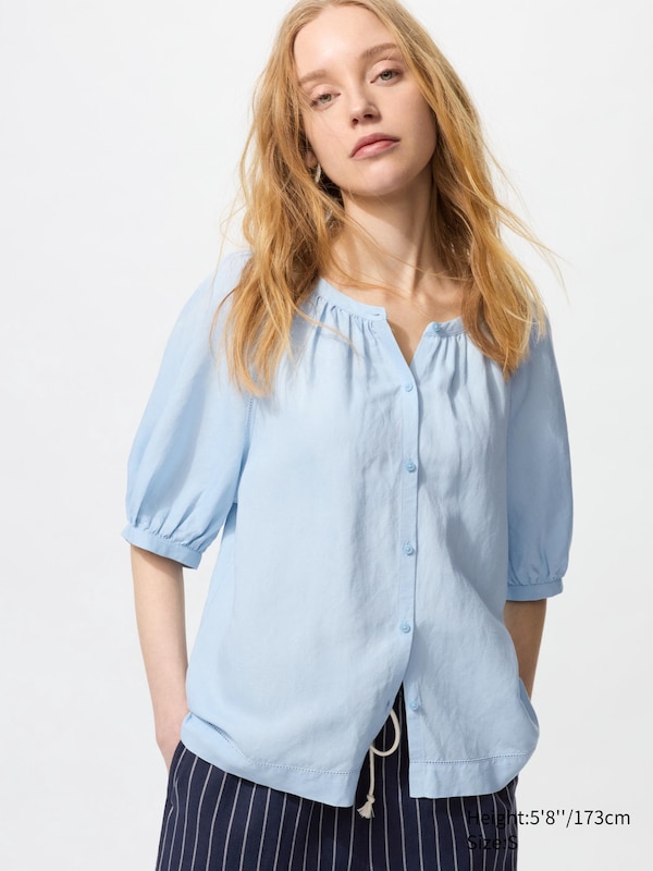 

Блузка из льняной смеси, объемная (короткий рукав) Uniqlo, синий
