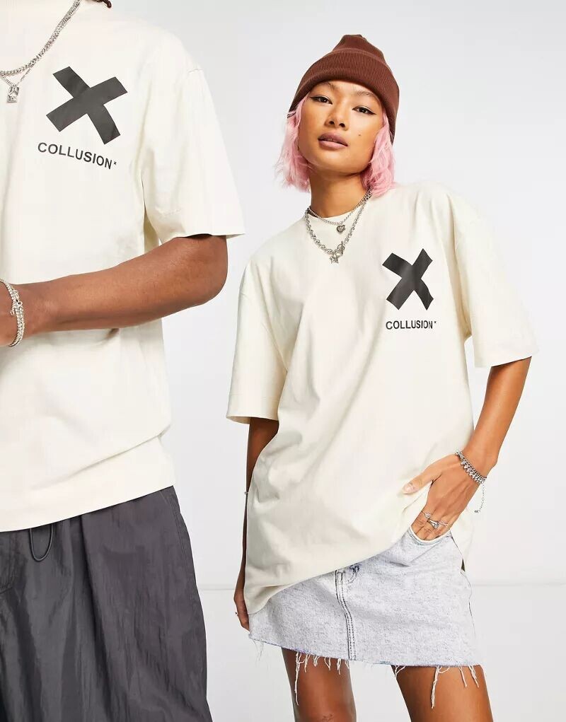 

COLLUSION Унисекс Хлопковая футболка с логотипом Off White, Серый, COLLUSION Унисекс Хлопковая футболка с логотипом Off White