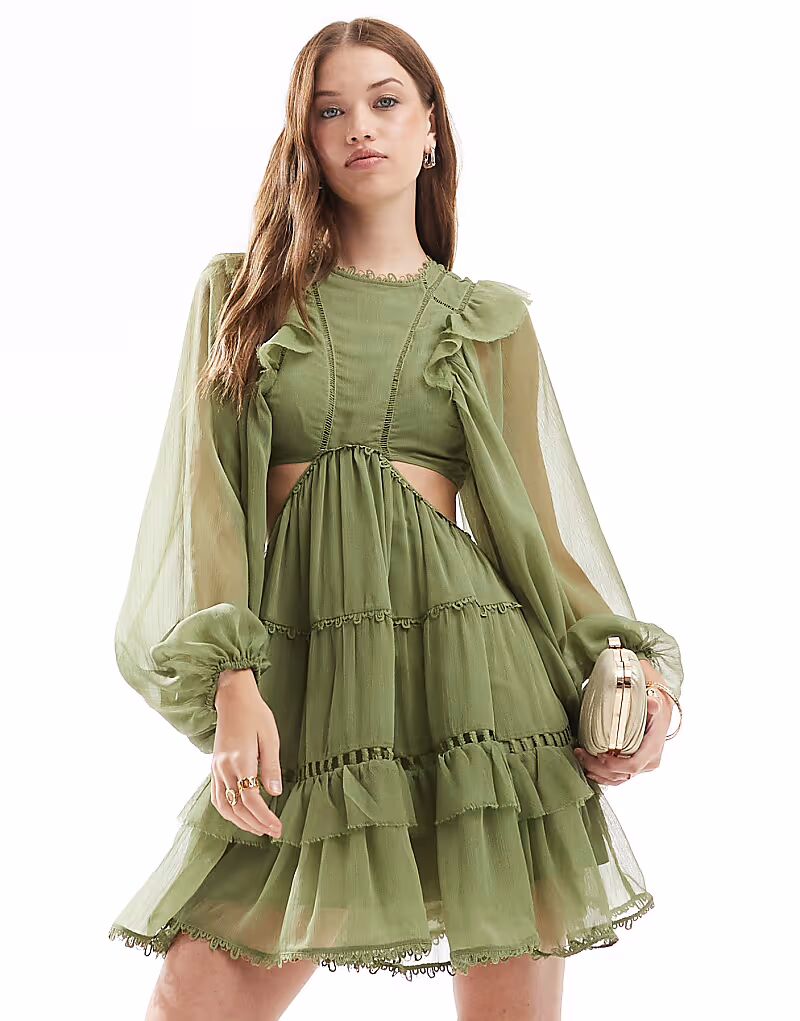 

Мини-платье ASOS DESIGN с кружевными вставками, высоким воротом и оборками в цвете шалфейного зеленого цвета