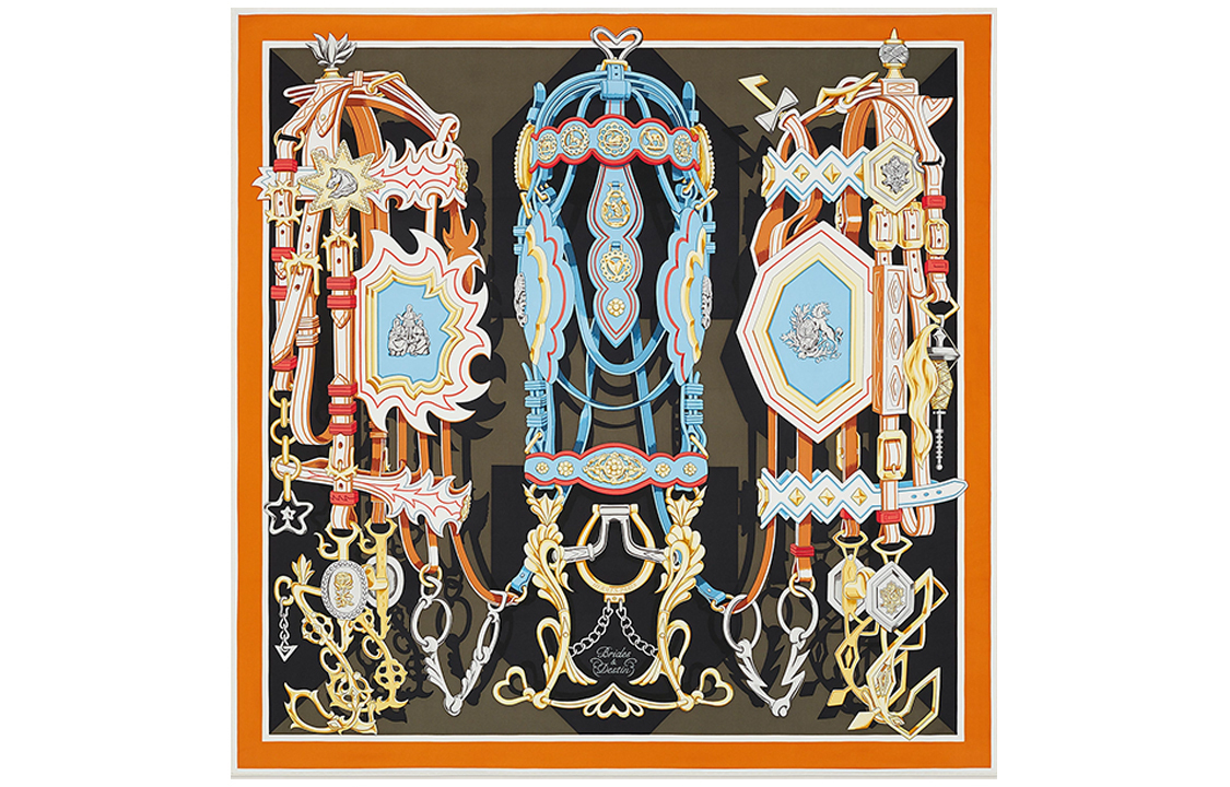 

Шёлковый платок Reins And Destiny для женщин HERMES, угольно-серый/оранжевый