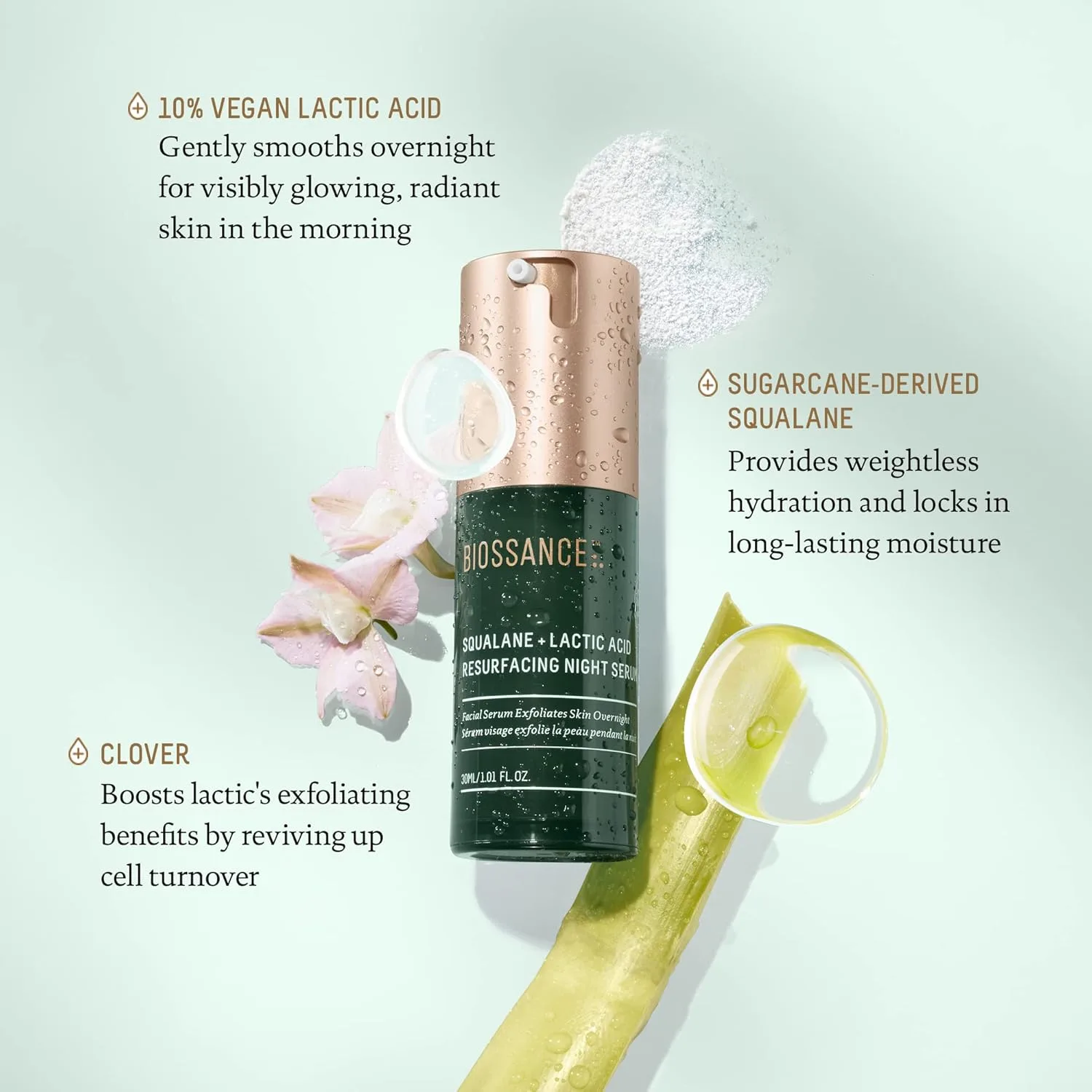 Сыворотка Biossance — Squalane + Lactic Acid Resurfacing Night Serum - веганская для лица с % молочной кислотой, 30 мл — фото 3