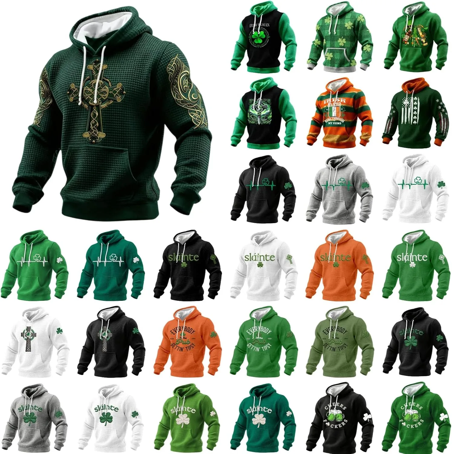 

Мужской свитшот с капюшоном St Patricks Day, вязаный вафельной вязкой, с принтом ирландского клевера