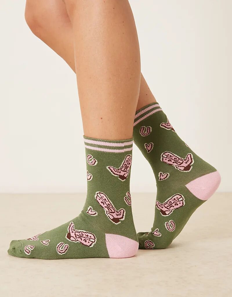 

Носки Accessorize с принтом ковбойских сапог цвета хаки