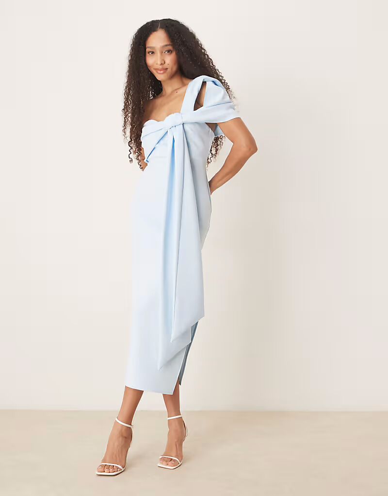 

Платье миди с открытыми плечами ASOS DESIGN с бантом светло-голубого цвета