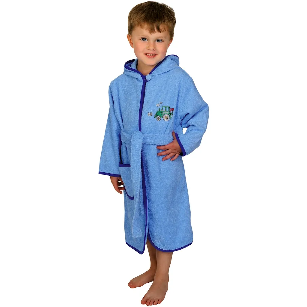 

Детский халат для купания Трактор светло-голубой, 1 шт., с вышивкой, с карманом, машинная стирка, подходит для сушки в сушильной машине Wörner, светло-голубой