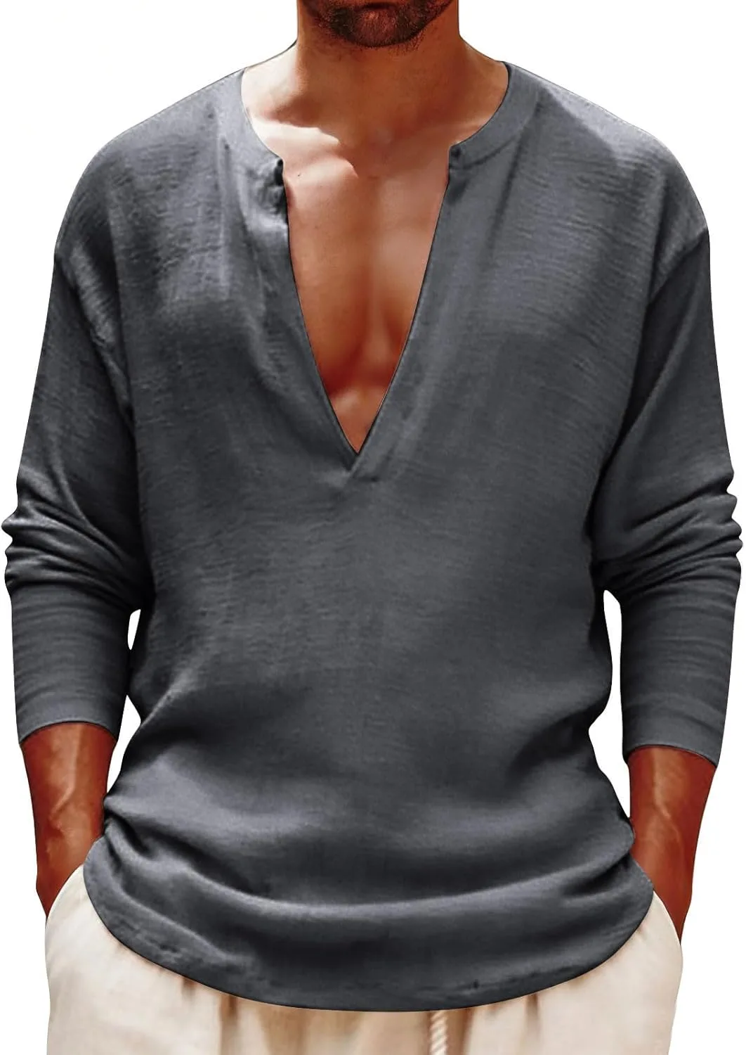 

Мужская футболка с глубоким V-вырезом из льна, длинный рукав, для лета