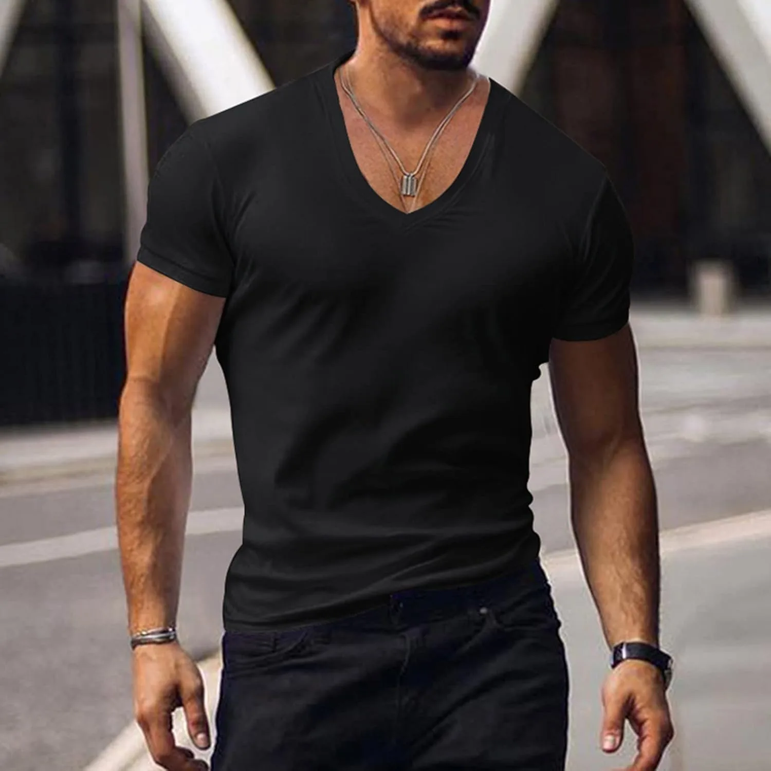 Мужская футболка с V-образным вырезом, Slim Fit, легкая — фото 3