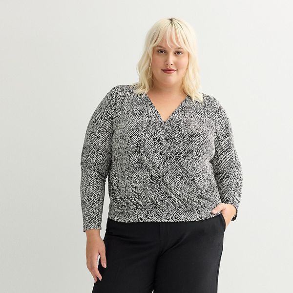 

Плюс сайз топ с длинным рукавом и драпировкой Nine West, White Black Tweed