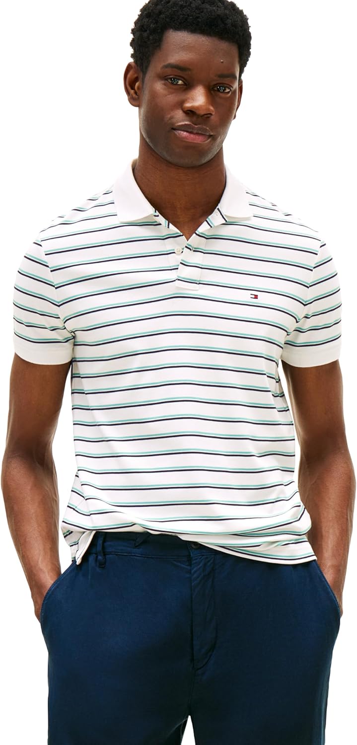 

Мужские поло Tommy Hilfiger с коротким рукавом, повседневные, классический крой, с жидким хлопком, White/Multi Stripe, Белый, Мужские поло Tommy Hilfiger с коротким рукавом, повседневные, классический крой, с жидким хлопком, White/Multi Stripe