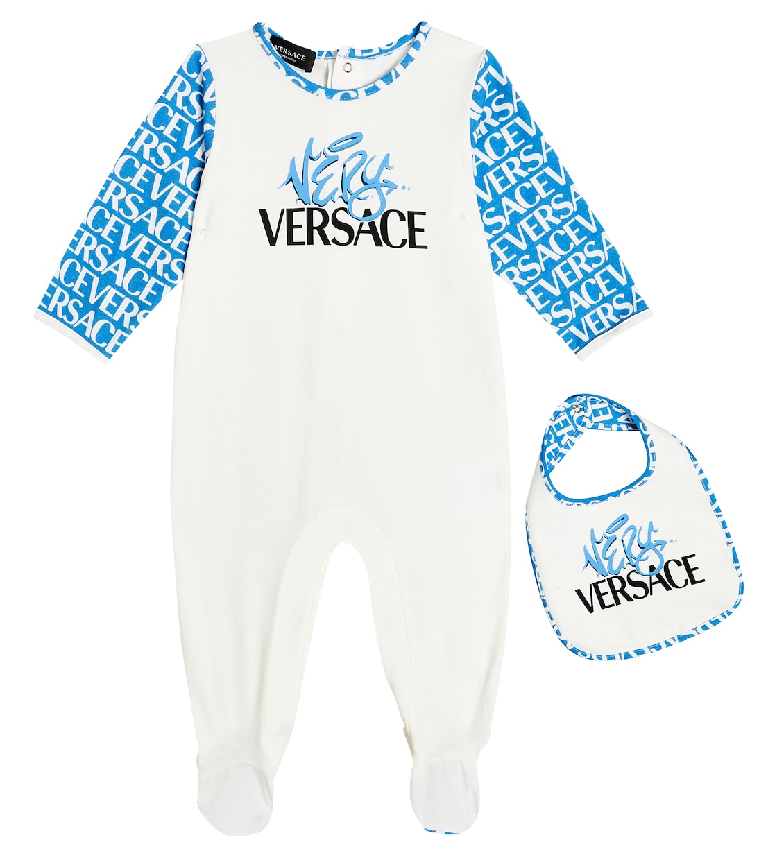 

Детский комбинезон и нагрудник из хлопковой смеси с принтом Versace Kids, White+Light Blue+Black